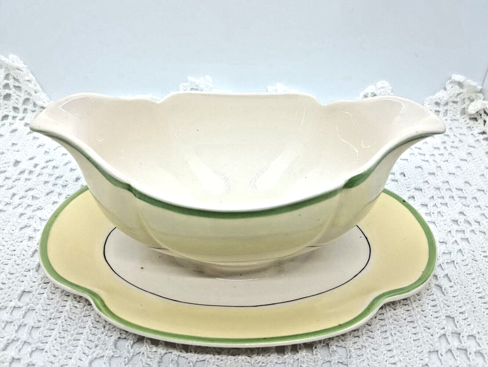 Pareek Johnson Bros. England Double Lipped Yellow Green Gravy Boat Drip Plate